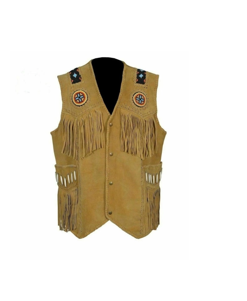 Men Suede Leather Western Style Vest Fringed & Bead Work Waistcoat SCV ...