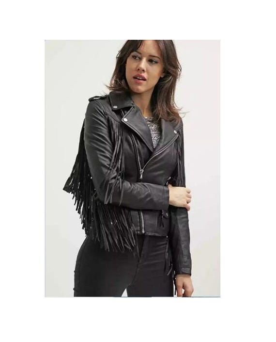 Veste En Cuir Frangée Noire - Style Western Pour Femme - Fabriquée à La Main