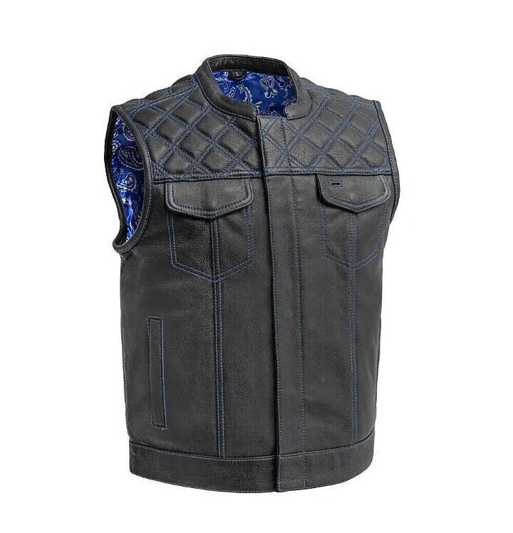 Gilet Motard Homme Style SOA (Sons Of Anarchy) - Denim Noir Et Cuir - Fermeture Dentelle Latérale