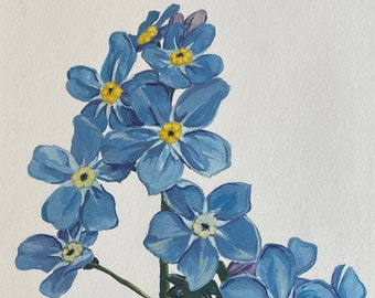 Flores Nomeolvides. Ilustración original en acuarela y gouache. 9"x12".