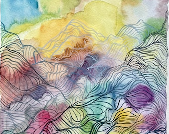 Un capricho en las montañas - Pintura de acuarela original, arte abstracto, arte mural multimedia, esteras sin marco disponibles