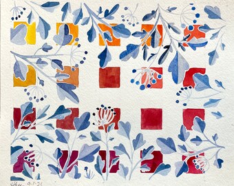 Indigo Swatch - Pintura de acuarela original, arte floral, arte mural abstracto y botánico, esteras sin marco disponibles