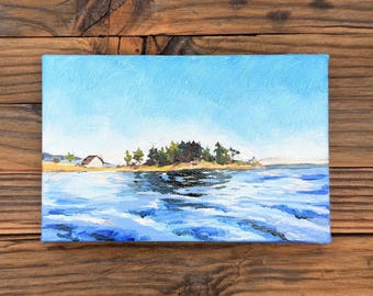 Campamento Everhappy, Isla Stuart, WA - Pintura al óleo original sobre lienzo estirado de 6"x4"