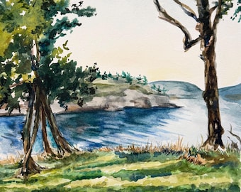 Provost Harbor, WA - Pintura original en acuarela, arte paisajístico, ilustración en acuarela para pared, paspartú sin marco disponible