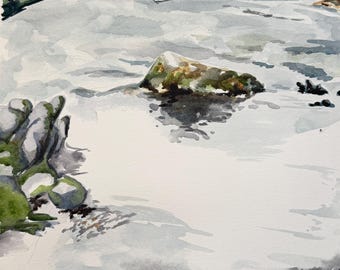 Tide Rock, Washington, San Juans - Pintura original en acuarela, arte paisajístico, ilustración en acuarela para pared, disponible con paspartú sin marco.