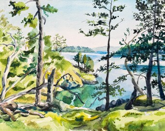 Puerto Reid, Isla Stuart, WA - Pintura original en acuarela, arte paisajístico, ilustración en acuarela para pared, paspartú sin marco disponible