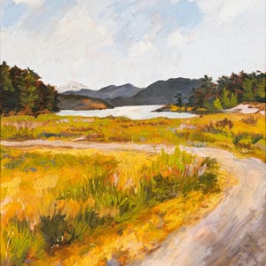 May include: Oil painting of a landscape featuring a winding dirt road through a field of yellow and green grasses. In the background, a lake is surrounded by dark mountains and trees under a cloudy sky. The artwork uses thick brushstrokes.