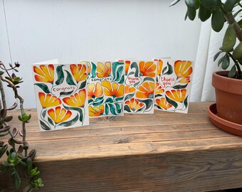 Paquete de tarjetas pintadas a mano - (2) Tarjetas de felicitación y (2) Tarjetas de agradecimiento - Paquete de 4 - Flores de acuarela amarillas, naranjas y verdes