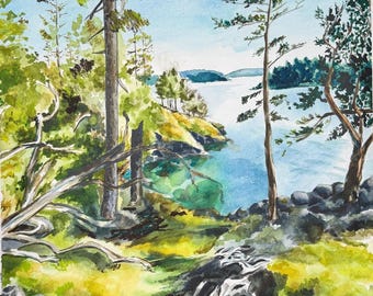 Bahía de las Islas San Juan - Pintura original en acuarela y pastel al óleo, 40 x 40 cm (16" x 16"), paisaje disponible sin marco.