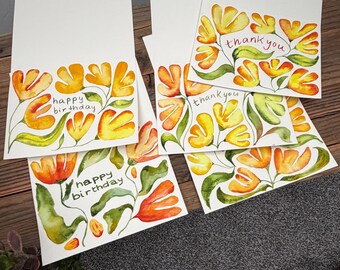 Paquete de tarjetas pintadas a mano - (3) Tarjetas de agradecimiento y (2) Tarjetas de cumpleaños - Paquete de 5 - Flores de acuarela naranjas y amarillas