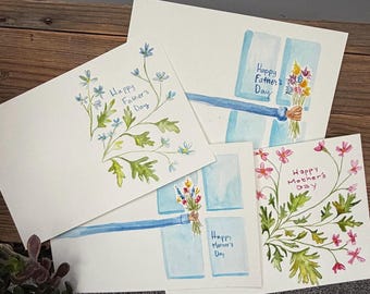 Paquete de tarjetas pintadas a mano - Tarjetas para el Día de la Madre y del Padre - Paquete de 4 - Tema de flores en acuarela