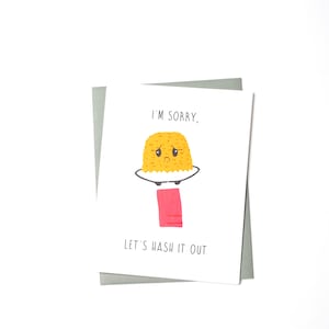 Lo siento, vamos a resolverlo. Tarjeta de felicitación: divertida tarjeta de disculpa, linda tarjeta con juego de palabras con ilustración de papas fritas