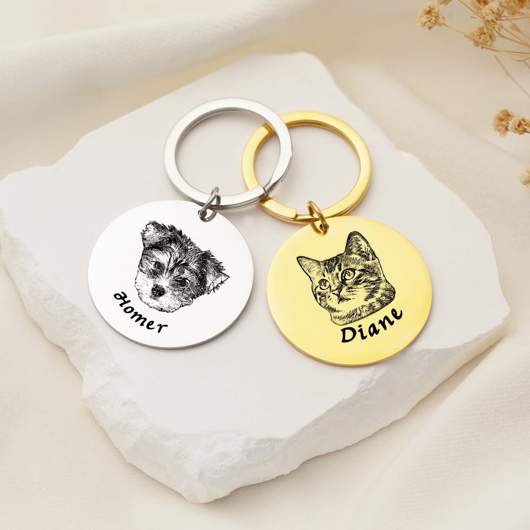 Pet Portrait Keychain, Engraved Pet Photo Keychain, Dog Keychain, Cat