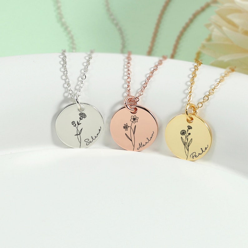 Personalized Name Necklace with Birth Flower, Floral Necklace, Engraved Necklace, Mom Necklace, Bridesmaid Gift, Birthday Gift for Her 