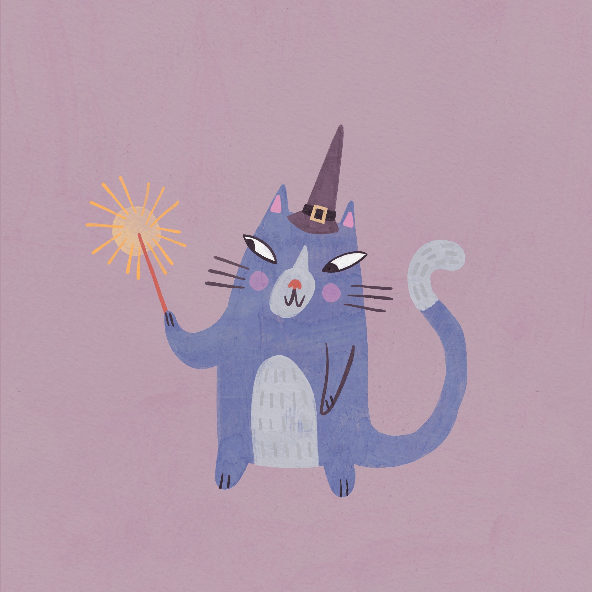 Impression Murale. Mignon Chat Sorcier. Illustration d'art Moderne. 20x20 cm, Dessin d'affiche. Pein