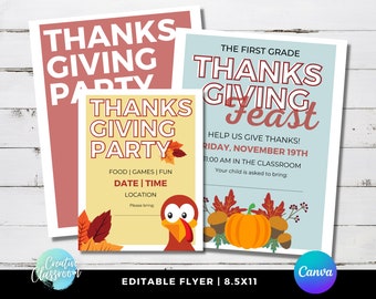 Thanksgiving Party Flyers | Class Flyer | Thanksgiving PDF | Editable Flyer | Printable