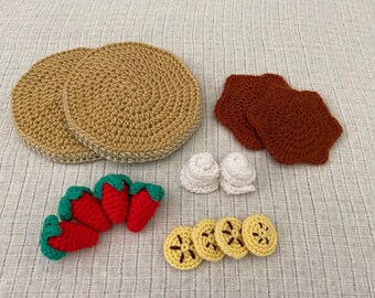 Pancake Set Pretend Play Food Handmade Crochet Strawberries Bananas Cream Syrup Cafe