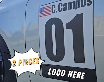Track Racing Numbers Custom Name, Flag, Team | Vinyl Sticker or Reusable Magnet (Set of 2)