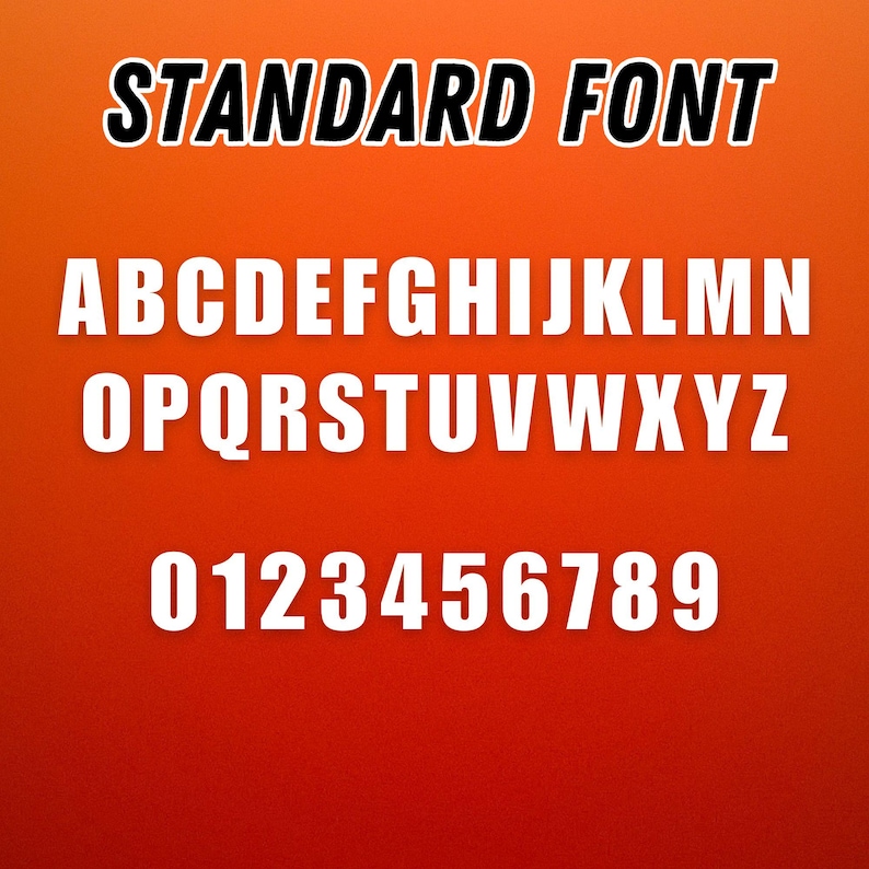 May include: A digital graphic displaying the text STANDARD FONT in black at the top, followed by the complete uppercase English alphabet from A to Z and the digits 0 through 9 in white, all set against a solid, vibrant orange background.