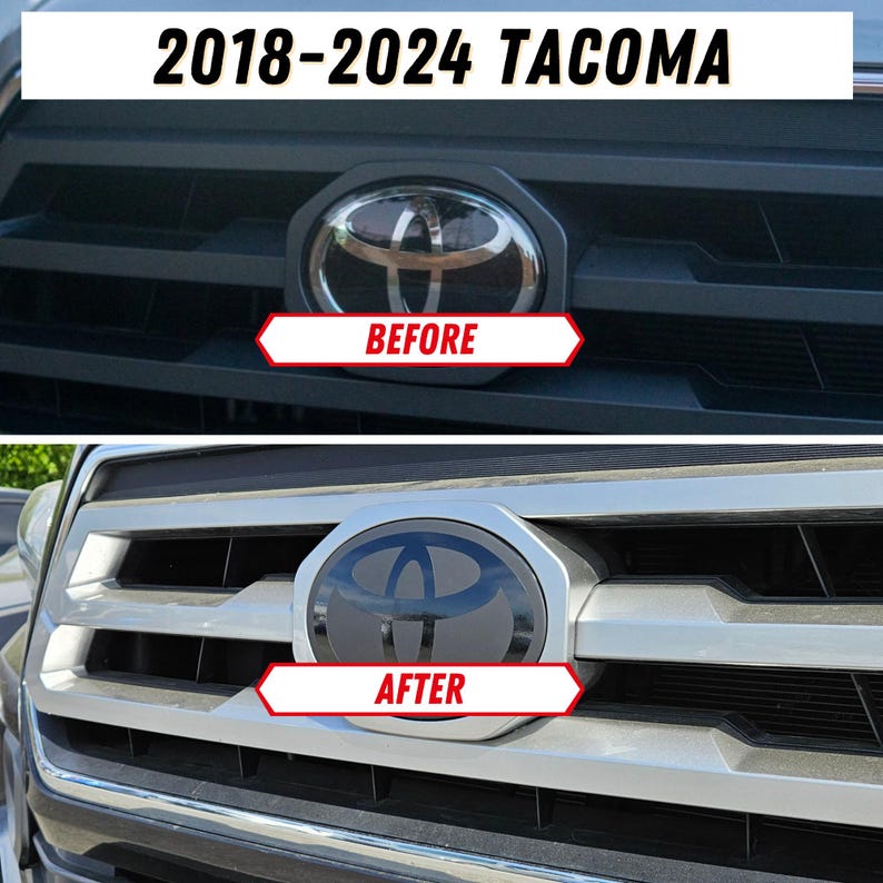 Puede incluir: Im&aacute;genes antes y despu&eacute;s de una parrilla de Toyota Tacoma 2018-2024 con un emblema ennegrecido. La imagen anterior muestra el emblema cromado original, mientras que la imagen posterior muestra el emblema pintado de negro.