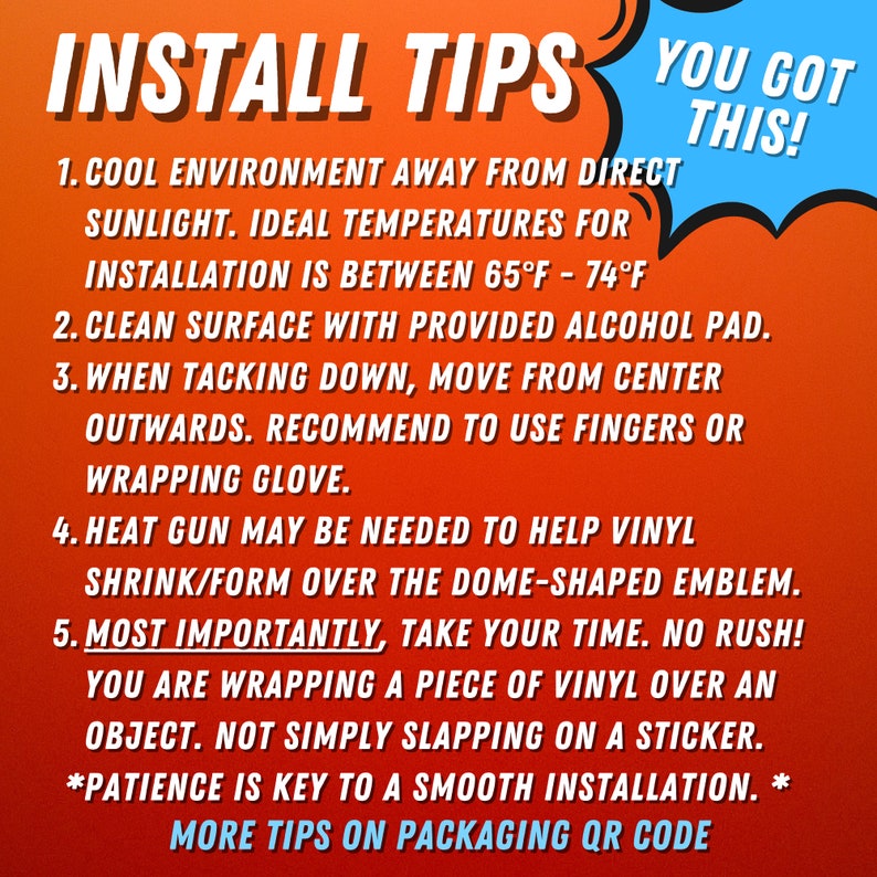 Puede incluir: Gr&aacute;fico rojo y azul con el texto "INSTALL TIPS YOU GOT THIS!" y una lista de consejos para instalar una calcoman&iacute;a de vinilo. Los consejos incluyen: un ambiente fresco, una superficie limpia, el pegado, una pistola de calor y paciencia.