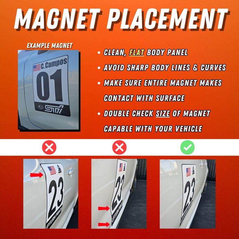 May include: An instructional graphic titled MAGNET PLACEMENT on an orange background. It shows a white car door with a racing number magnet, bulleted text instructions, and three smaller images demonstrating correct and incorrect magnet application.