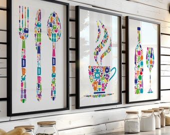 Kitchen Wall Art Prints, Set Of 3 Prints, Colourful Kitchen prints, Abstract Dining Room Decor, Modern Kitchen Prints, Coffee, Wine, Cutlery