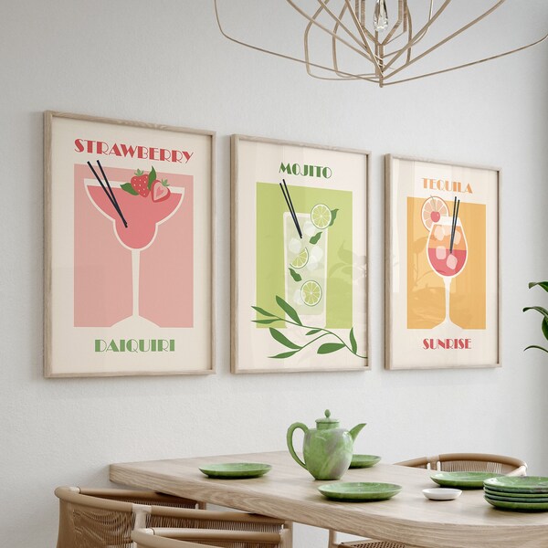 Cocktail Prints Set Of 3 Prints, Kitchen Wall Art, Summer Prints, Tropical Cocktails, Drinks Posters, Modern Dining Room Decor