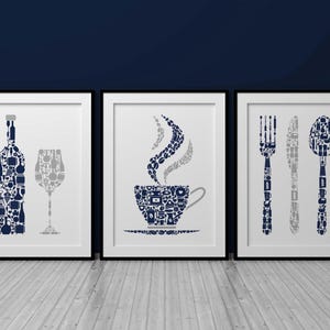 Kitchen Wall Art Prints, Navy Blue  & Grey Kitchen Prints, Set Of 3 Prints, Kitchen Decor, Cutlery, Tea, Coffee, Wine, Dining Room Decor