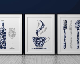 Kitchen Wall Art Prints, Navy Blue  & Grey Kitchen Prints, Set Of 3 Prints, Kitchen Decor, Cutlery, Tea, Coffee, Wine, Dining Room Decor