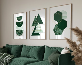 Green Marble Wall Art Prints, Set Of 3 Posters, Emerald Green & Gold Lounge Decor, Marble Art Prints, Bedroom Pictures, Geometric Prints