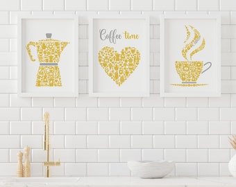 Ochre Yellow Kitchen Prints: Coffee Lover Wall Art, Set of 3