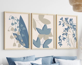 Blue & Beige Wall Art Prints, Set Of 3 Posters, Blue And Beige Lounge Decor, Botanical Prints, Abstract Wall Art, Blue Bedroom Pictures,
