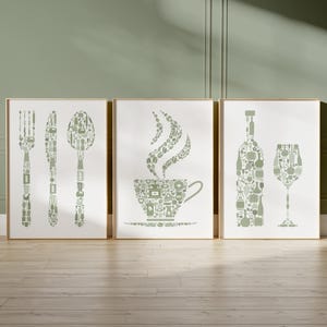 Kitchen Wall Art, Kitchen Prints Set Of 3, Sage Green Print, Green Kitchen Decor, Cutlery, Wine, Coffee, Prints For Kitchen Or Dining Room