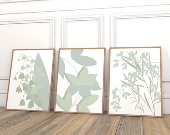 Green Wall Art Prints, Set Of 3 Posters, Sage Green Lounge Decor, Botanical Prints, Abstract Wall Art, Green & White Bedroom Pictures