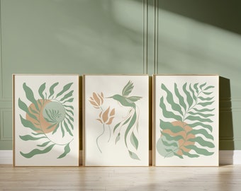 Green Botanical Wall Art Prints: Abstract Hummingbird Set of 3