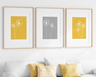 Yellow & Grey Wall Art Prints, Set Of 3 Prints, Dandelion Flower Pictures, Mustard And Grey Lounge Decor, Bedroom Prints, Botanical Prints