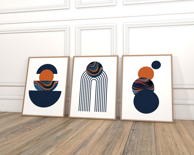 Set of 3 Prints Navy Blue & Orange Wall Art Mid Century Etsy UK
