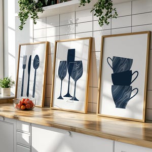 Navy Kitchen Prints, Kitchen Wall Art, Set Of 3 Kitchen Prints, Blue Kitchen Print, Prints For Kitchen, Modern Kitchen Artwork