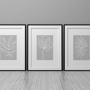 Grey Wall Art Prints, Set Of 3 Posters, Botanical Lounge Decor, Plant Line Art Prints, Silver Grey Boho Pictures
