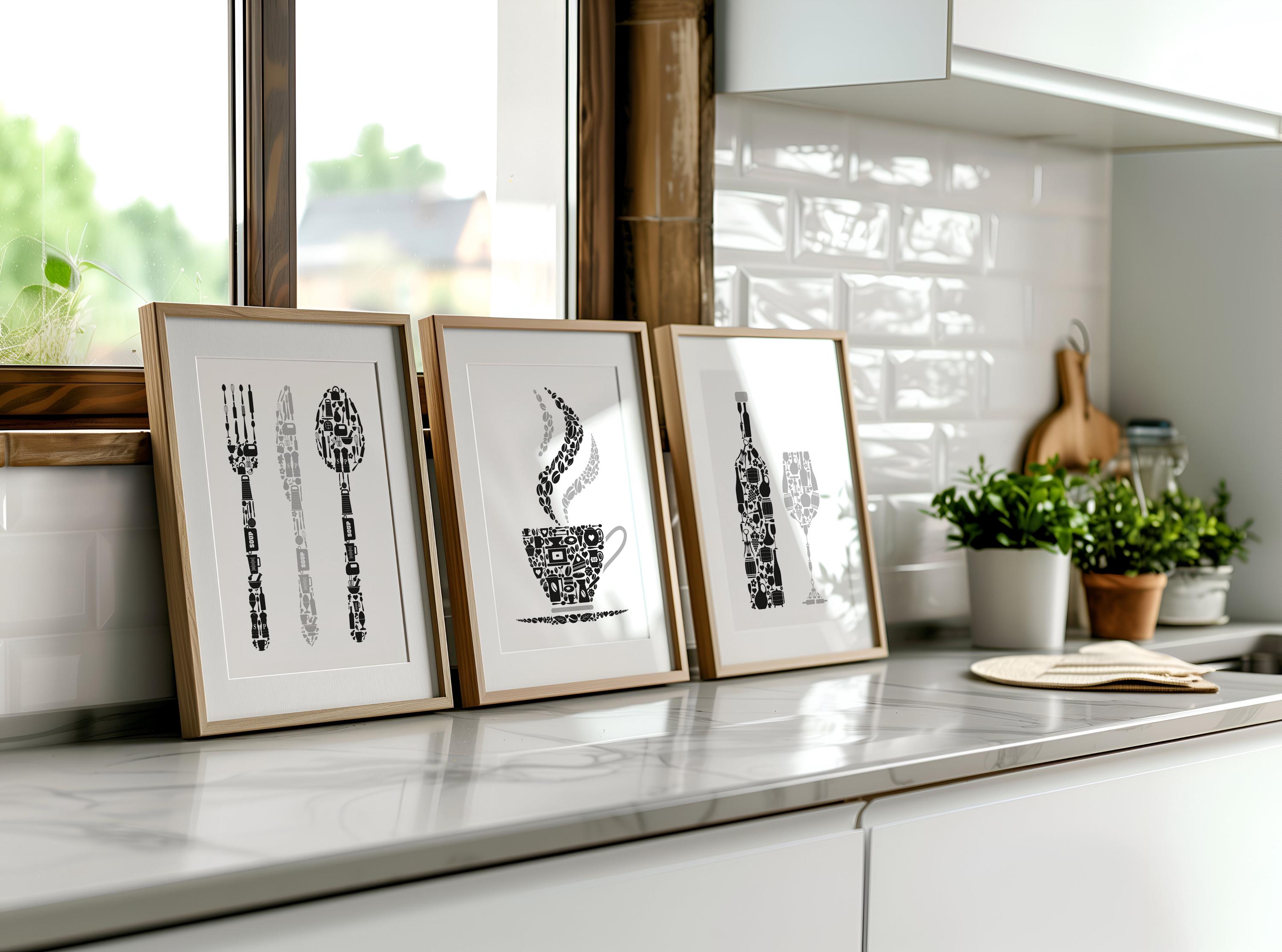 Kitchen Wall Art Prints, Grey & Black Kitchen Decor, Set of 3 Posters ...