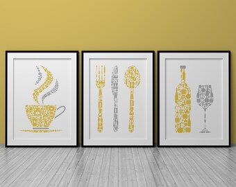 Kitchen Wall Art Prints, Set Of 3 Posters, Ochre Yellow & Grey Kitchen Decor, Kitchen Utensils, Tea, Coffee, Wine, Modern Dining Room Decor,