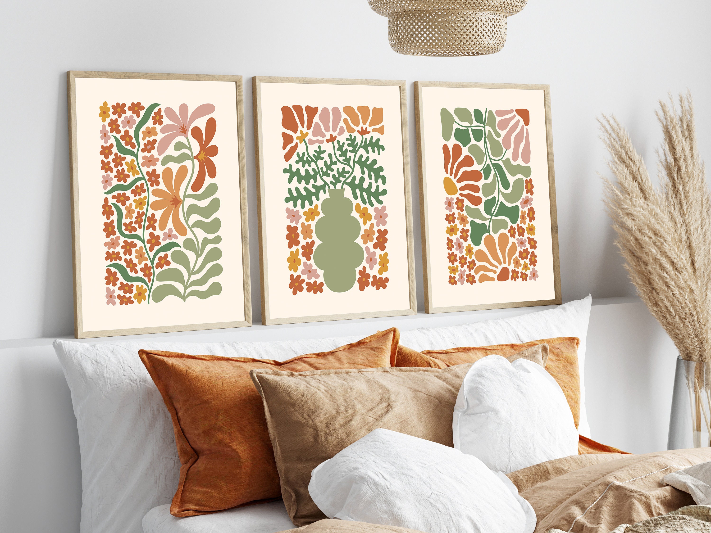 Botanical Wall Art Prints, Set of 3 Posters, Green & Orange Lounge ...