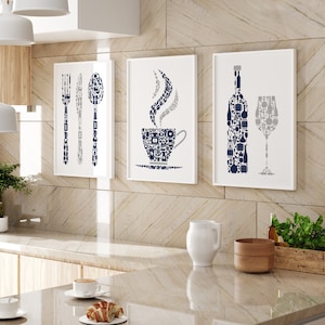 Kitchen Wall Art Prints, Navy Blue & Grey Kitchen Prints, Set of 3 ...