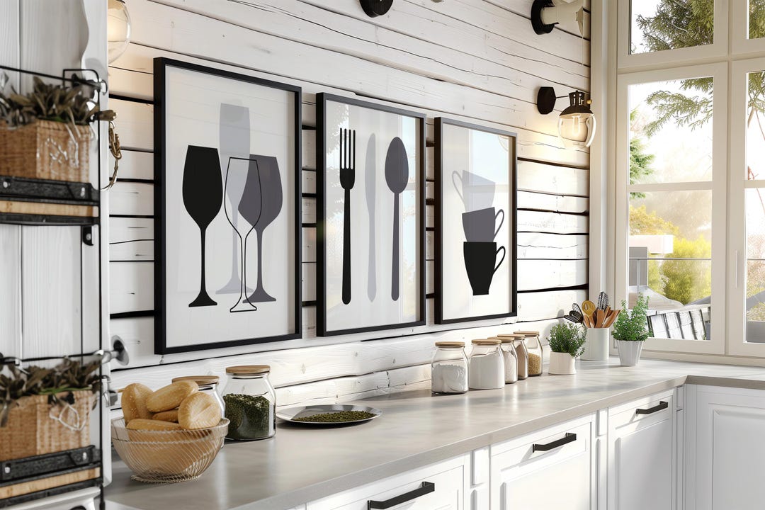 kitchen wall art prints for modern and traditional... Kitchen Wall Art Prints, Set of 3 Posters, Black & Grey Kitchen Decor ...