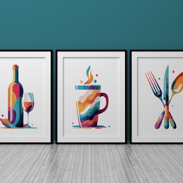 Kitchen Wall Art Prints, Colourful Kitchen Decor, Set Of 3 Posters, Abstract Dining Room Decor, Modern Kitchen Prints, Coffee, Wine, Cutlery