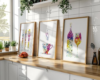 Abstract Kitchen Art Prints: Colourful Coffee, Wine, Cutlery - Set of 3