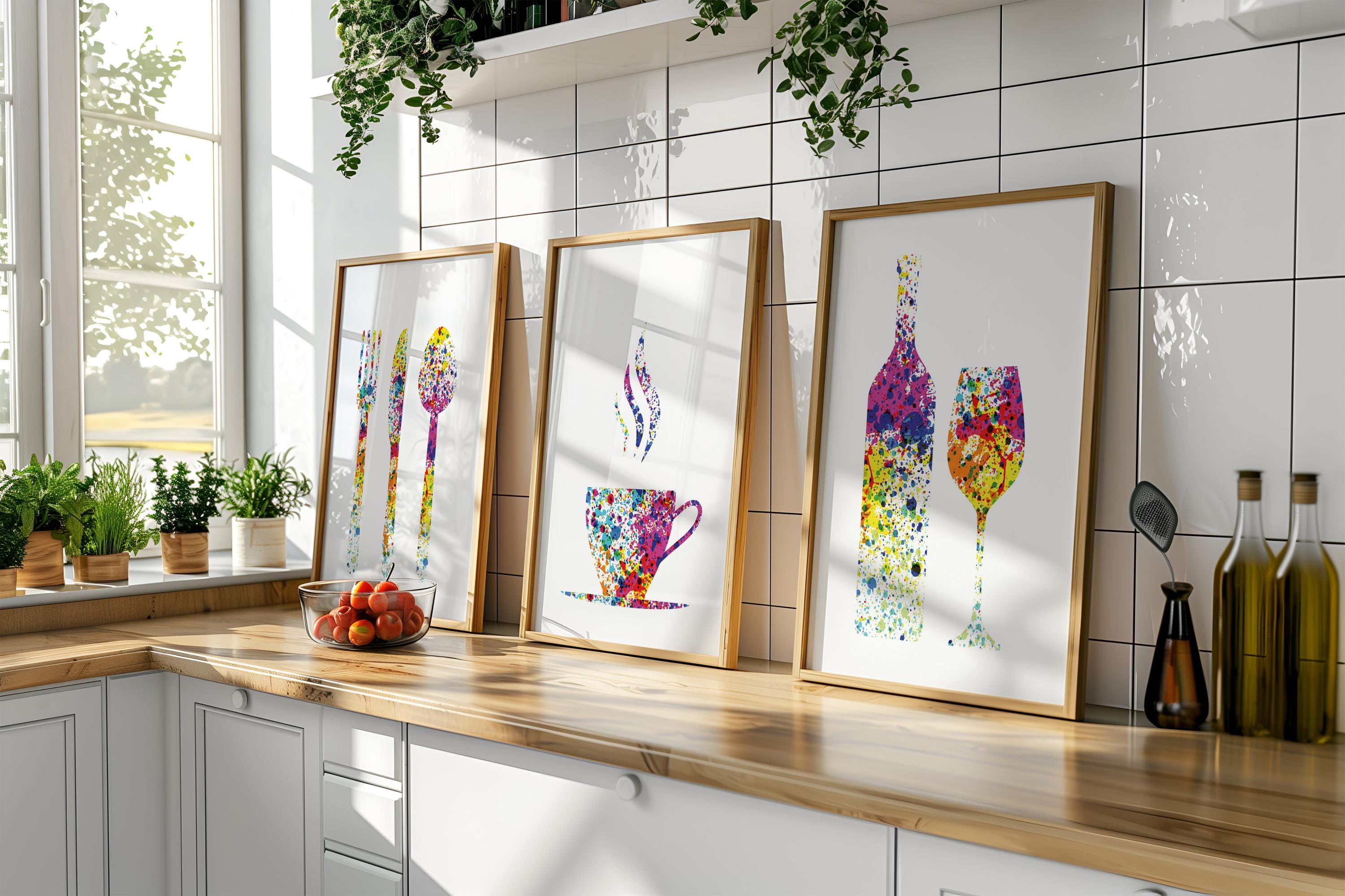 abstract kitchen art prints: modern line drawing set... Abstract Kitchen Art Prints: Colourful Coffee, Wine, Cutlery - Set of 3 ...