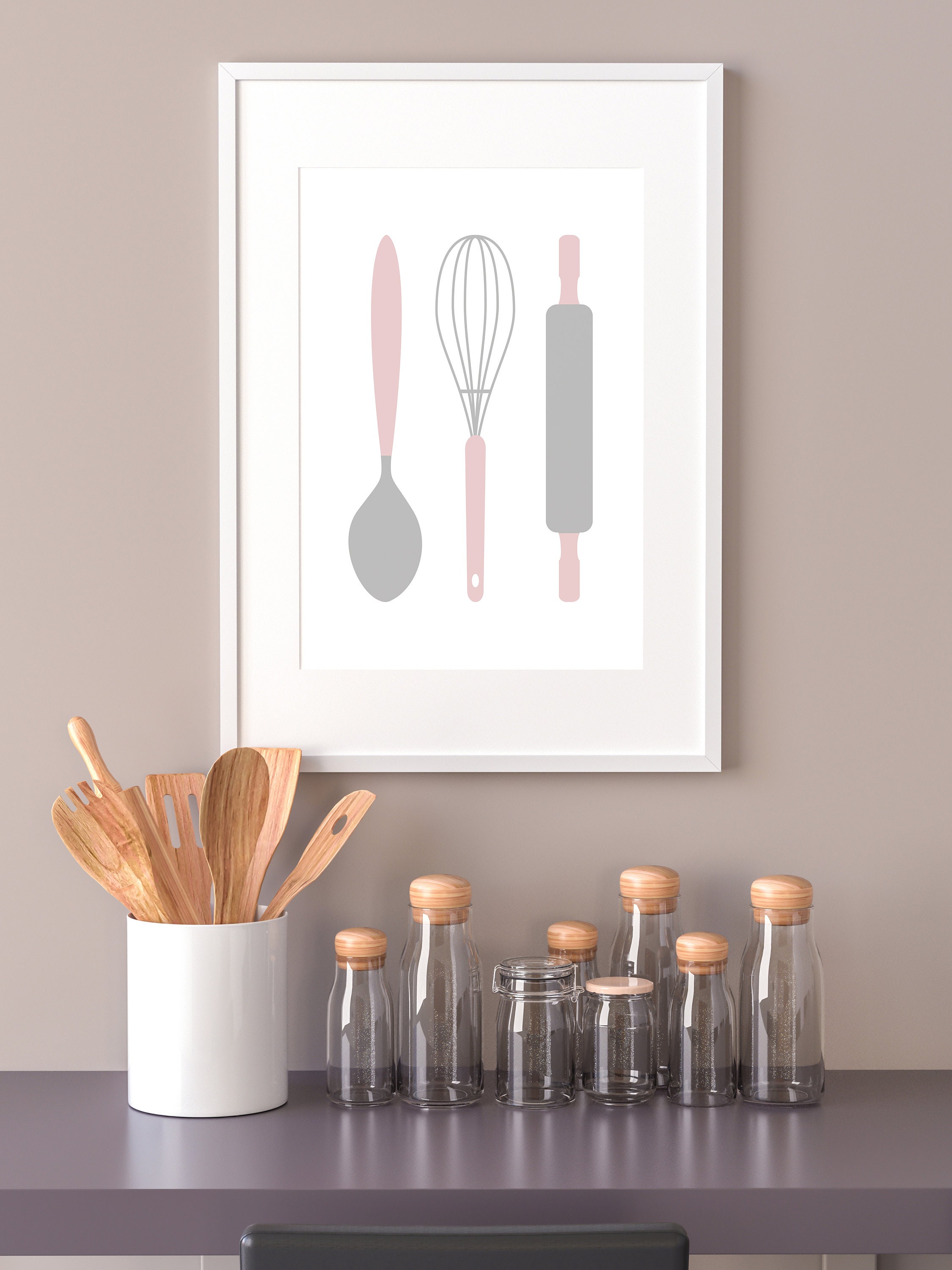 Pink Kitchen Wall Art Prints Set of 3 Posters Pink & Grey Etsy UK