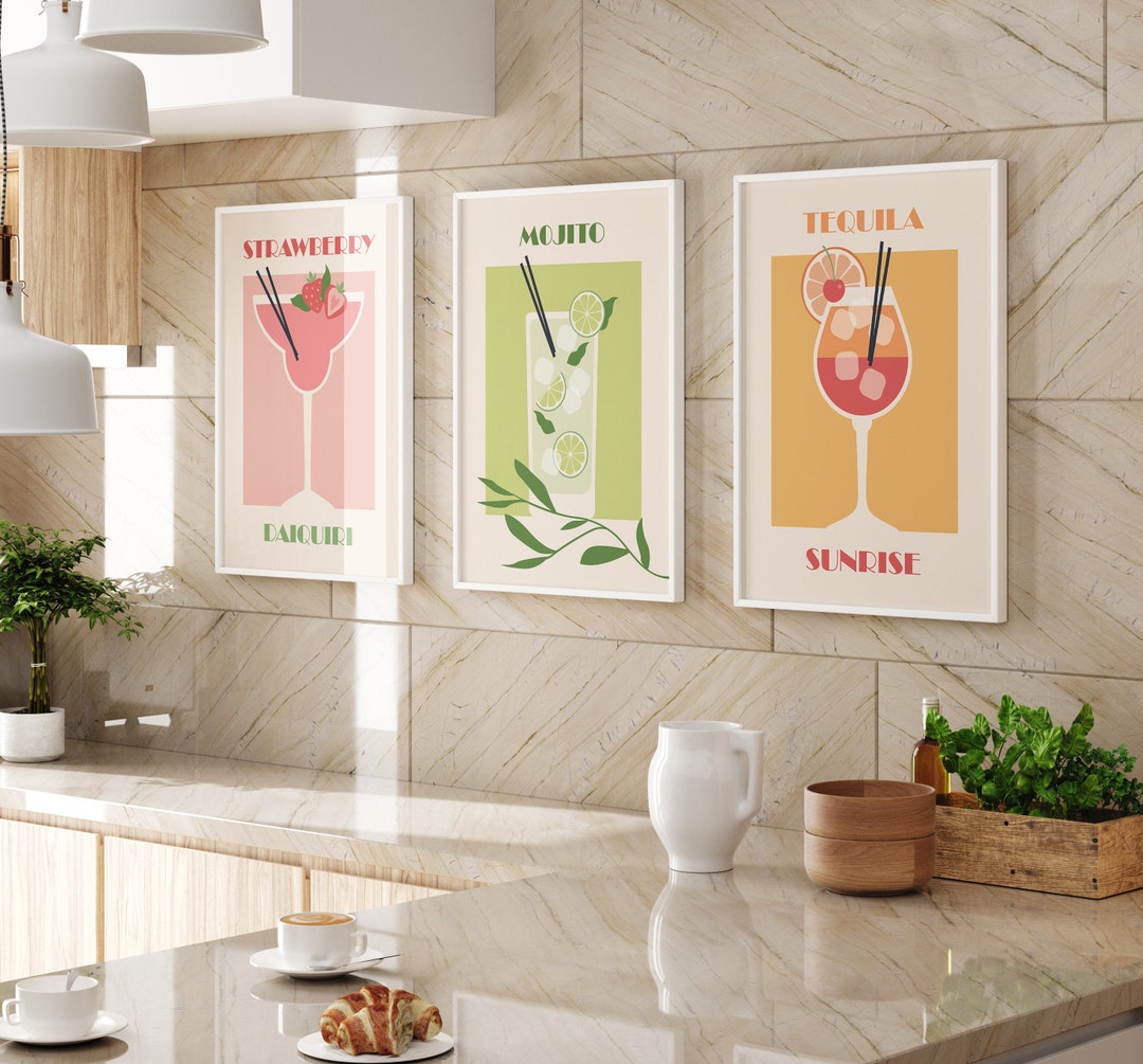 Cocktail Prints Set of 3 Prints, Kitchen Wall Art, Summer Prints